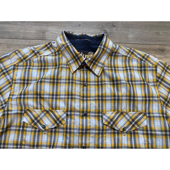 KUHL Response Mens L Brown Gray Plaid Short Sleeve Flap Pockets Snap Shirt - Picture 2 of 8